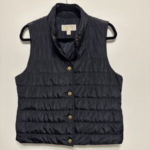 MICHAEL KORS Women's Sz L Black MK Gold Snaps Quilted Puffer Vest GUC